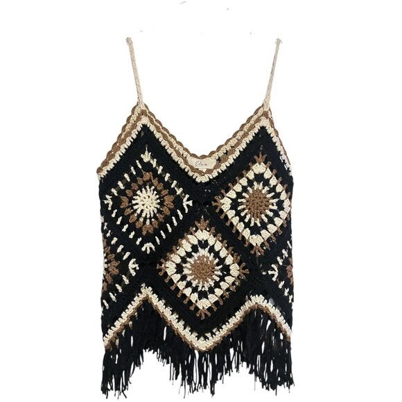 Elan Western Knit Tank Black/Brown L Crochet Fringe Patchwork Resort Whimsygoth - Picture 6 of 11
